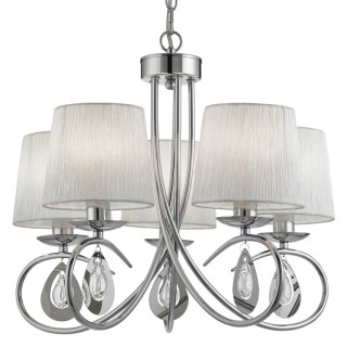 lustre 5 branches metal chrome abatjour tissu blanc, verre transparent E14 5x60w max Diam 53cm ANGELIQUE