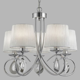 lustre 5 branches metal chrome abatjour tissu blanc, verre transparent E14 5x60w max Diam 53cm ANGELIQUE