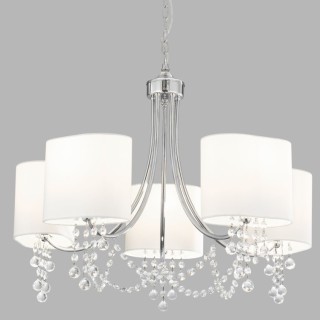 Lustre 5 branches chrome, Cristal clair, abatjour textile blanc E14 max 5x60w Diam 64cm NINA