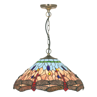 Suspension, Laiton antique, verre multicolore TIFFANY E27 max 60w Diam 42cm DRAGONFLY