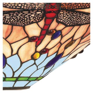 Plafonnier Laiton antique, verre multicolore TIFFANY E14 max 3x60w Diam 42cm DRAGONFLY