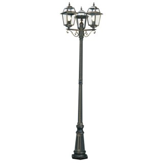 Lampadaire exterieure IP44 CLI 3LT metal Noir dore, verre transparent E27 60w haut 227cm diam 55cm NEW ORLEANS