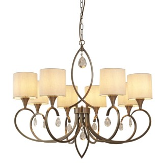 Lustre 8 branches metal Laiton antique,abatjour lin, goutte en cristal E14 8x60w Diam 77cm ALBERTO