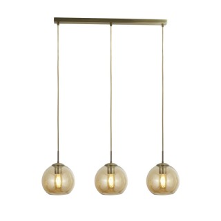 Suspension 3 descentes Barre, Laiton antique avec verre ambré E27 3x60w Haut 150cm Lg 86cm BALLS