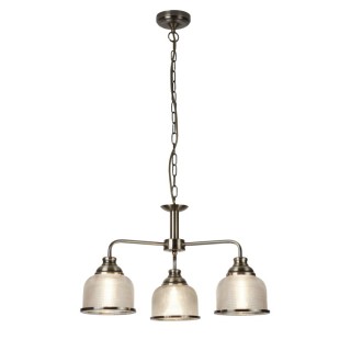 Suspension 3 branches metal Laiton antique avec verre prismatique amplificateur Holophane E27 max 3x60w Diam 56cm BISTRO II