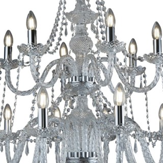 Lustre metal chrome 18 branches et pampilles cristal clair, E14 max 18x60w Diam 99cm HALE