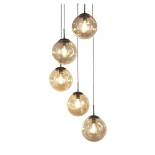 Suspension Plaf Rond Diam 40cm metal noir avec verre déformé Champagne E27 5x60w Diam 61cm Haut 152cm PUNCH