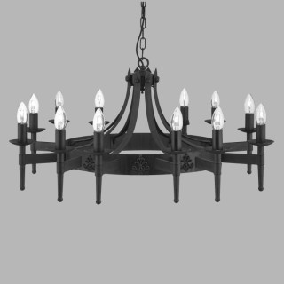 Lustre chaine 12 branches fer forgé noir, E14 12x60w max Diam 105cm CARTWHEEL II