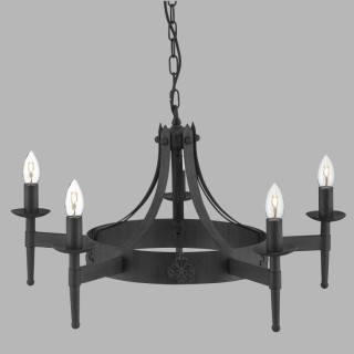 Lustre chaine 5 branches fer forgé noir, E14 5x60w max Diam 67cm CARTWHEEL II