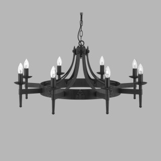 Lustre chaine 8 branches fer forgé noir, E14 8x60w max Diam 85cm