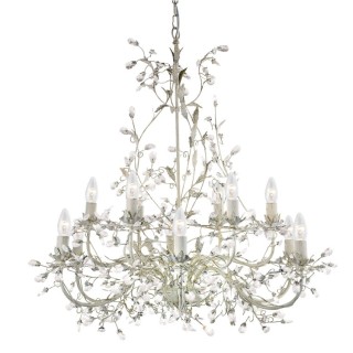 Lustre floral 12 branches metal crème doré avec feuille et cristal E14 12x60w max Diam 87cm ALMANDITE