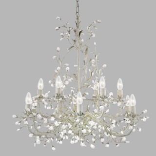 Lustre floral 12 branches metal crème doré avec feuille et cristal E14 12x60w max Diam 87cm ALMANDITE