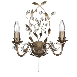 Applique floral 2 branches metal marron doré avec feuille et cristal E14 2x60w max avec inter ALMANDITE