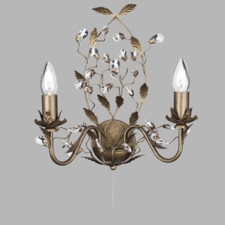 Applique floral 2 branches metal marron doré avec feuille et cristal E14 2x60w max avec inter ALMANDITE