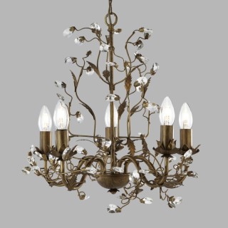 Lustre floral 5 branches metal marron doré avec feuille et cristal E14 5x60w max Diam 50cm ALMANDITE