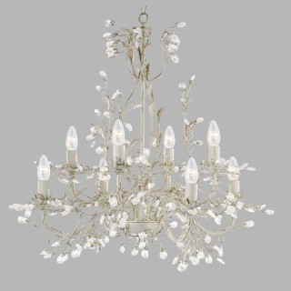 Lustre floral 8 branches metal crème doré avec feuille et cristal E14 8x60w max Diam 74cm ALMANDITE