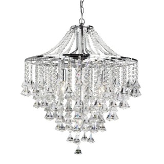 Lustre Metal chrome avec goutte et pyramide Cristal clair E14 max 5x60w Diam 64cm Haut 2m10 DORCHESTER