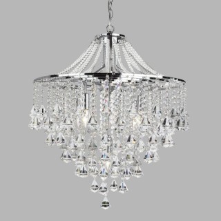 Lustre Metal chrome avec goutte et pyramide Cristal clair E14 max 5x60w Diam 64cm Haut 2m10 DORCHESTER