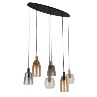 Suspension -Noir Mat, laiton satiné, verres panachés ambrés fumés E14 6x60w Max Lg 95cm, Haut 1m40 Divine