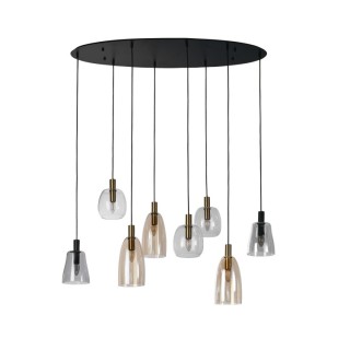 Suspension -Noir Mat, laiton satiné, verres panachés ambrés fumés E14 8x60w Max Lg 120cm, Haut 1m40 Divine