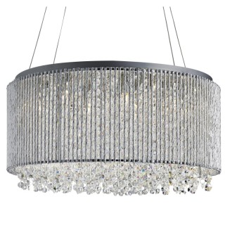 Suspension Tambour Rond metal chrome, tige taille diamant, goutte cristal clair G9 8x33w Diam 41cm ELISE II