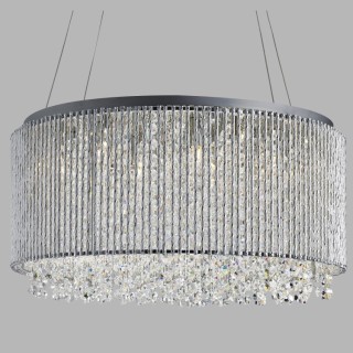 Suspension Tambour Rond metal chrome, tige taille diamant, goutte cristal clair G9 8x33w Diam 41cm ELISE II