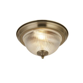 Plafonnier SDB IP44 CLII Metal Laiton antique, verre strié clair E14 max 2x60w Diam 29cm AMERICAN DINER