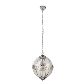 Suspension Metal Chrome avec verre transparent, E14 3x60w max Diam 32cm Coronet