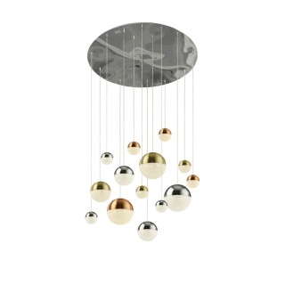 Suspension multi boules cuivre-chrome-laiton satine-verre craquelé-14x 109 lm PLANETS