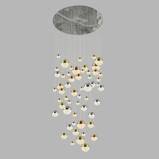 Suspension multi boules cuivre-chrome-laiton satine-verre craquelé-55x 376 lm PLANETS