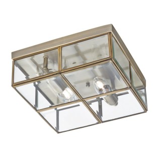 Plafonnier 2LT Carré Metal Laiton antique, facettes verre biseauté E14 2x60w max Lg 25cm PISA