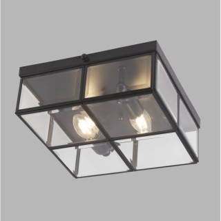 Plafonnier 2LT Carré Metal Noir, facettes verre biseauté E14 2x60w max Lg 25cm PISA