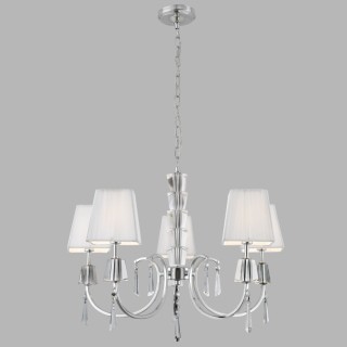 Lustre 5 branches metal chrome abatjour carré tissu, pampille acrylique G9 5x33w Diam 60cm PORTICO