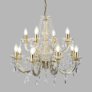 Lustre Metal Laiton poli avec pampille cristal E14 12x60w max Diam 63cm MARIE THERESE