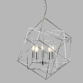 Suspension Geometique Cadre Cube metal chrome poli, E14 5x60w max diam 55cm CUBE