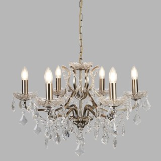 Lustre metal laiton antique, pampilles cristal clair et gouttes E14 max 6x60w Diam 70cm PARIS 6LT