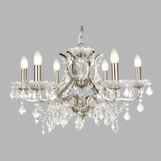 Lustre metal argent satine, pampilles cristal clair et gouttes E14 max 6x60w Diam 70cm PARIS 6LT