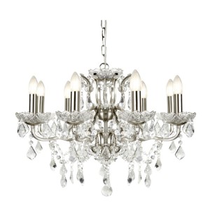 Lustre metal argent satine, pampilles cristal clair et gouttes E14 max 8x60w Diam 70cm PARIS 8LT