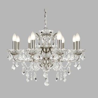 Lustre metal argent satine, pampilles cristal clair et gouttes E14 max 8x60w Diam 70cm PARIS 8LT