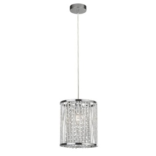 Suspension Tambour Rond metal chrome, tige taille diamant, facette cristal clair E27 max 60w Diam 21cm ELISE