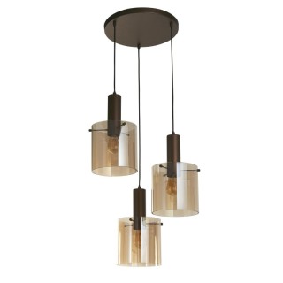 Multi Drop Suspension Metal Moka avec verre fumé ambré, E27 max 3x60w Diam 35 Haut 1m50 SWEDEN 3Lt