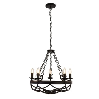 Lustre chaine 5 branches fer forgé noir, E14 5x60w max Diam 54cm CARTWHEEL III - 5LT