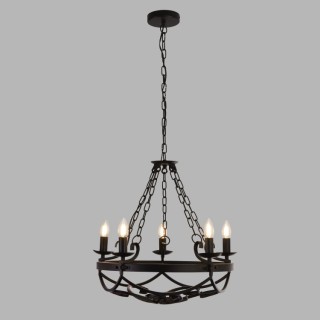 Lustre chaine 5 branches fer forgé noir, E14 5x60w max Diam 54cm CARTWHEEL III - 5LT