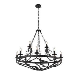 Lustre chaine 12 branches fer forgé noir, E14 12x60w max Diam 89cm CARTWHEEL III - 12LT