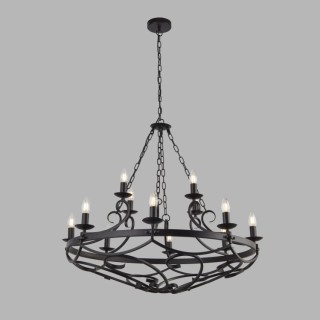 Lustre chaine 12 branches fer forgé noir, E14 12x60w max Diam 89cm CARTWHEEL III - 12LT