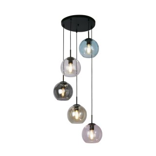 Suspension Plaf Rond Diam 35cm metal Noir mat, avec 5 verres multicouleurs E27 5x60w max Haut 120cm Diam 51cm MARDI GRAS II 5LT