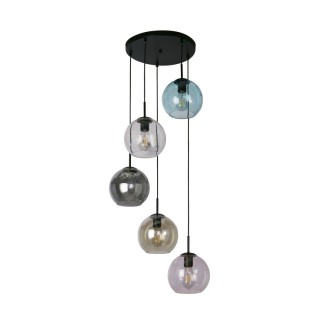 Suspension Plaf Rond Diam 35cm metal Noir mat, avec 5 verres multicouleurs E27 5x60w max Haut 120cm Diam 51cm MARDI GRAS II 5LT