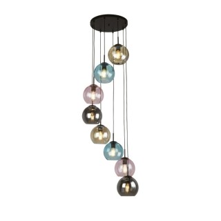 Suspension Plaf Rond Diam 38cm metal Noir mat, avec 8 verres multicouleurs E27 8x60w max Haut 200cm Diam 38cm MARDI GRAS II 8LT