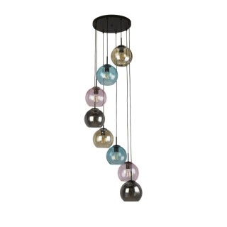 Suspension Plaf Rond Diam 38cm metal Noir mat, avec 8 verres multicouleurs E27 8x60w max Haut 200cm Diam 38cm MARDI GRAS II 8LT