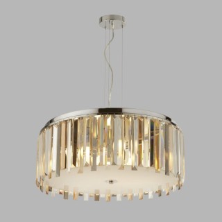 Suspension Tambour Rd metal chrome avec verre cristaux prisme clair, ambré et teinté fumé E14 max 5x60w Diam 60cm CLARISSA 5LT